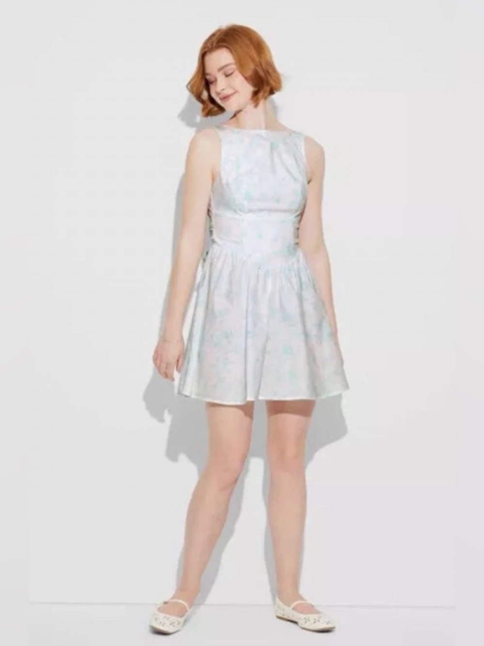 WILD FABLE Sleeveless Pastel Floral Fit-and-Flare Dress - White/Light Blue